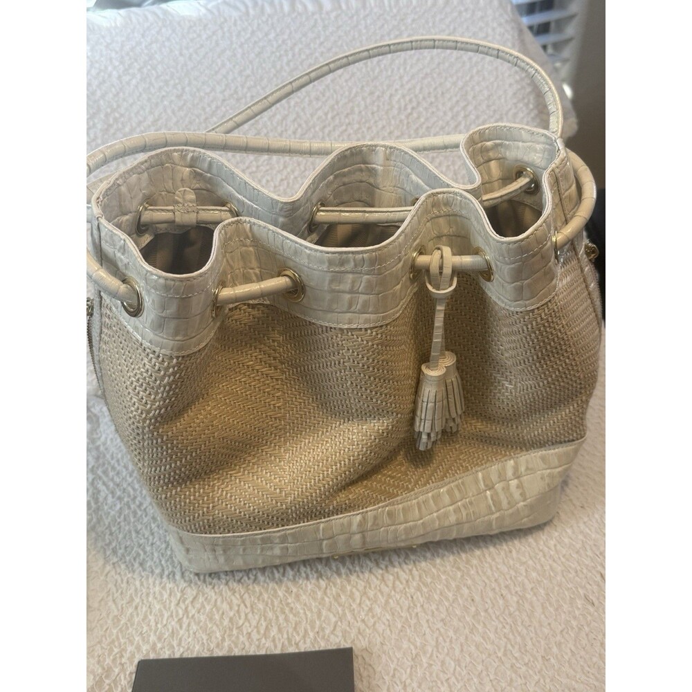Brahmin Trina Croc Raffia Large bucket Leather drawstring Bag New Papers Dustbag